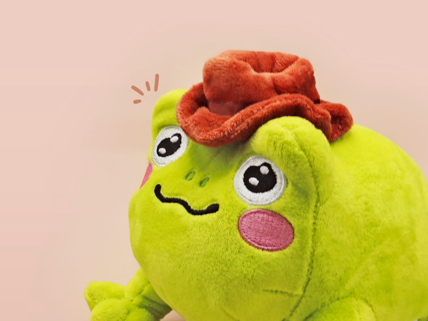 An adorable green frog plushie toy with cute embroidered eyes and facial expression, wearing a cowboy hat with a brown ribbon, and a hang tag describing the frog as Carl.