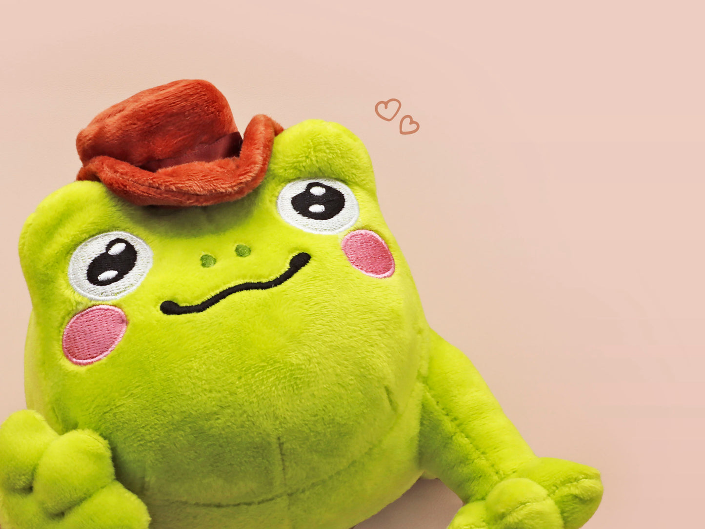 An adorable green frog plushie toy with cute embroidered eyes and facial expression, wearing a cowboy hat with a brown ribbon, and a hang tag describing the frog as Carl.
