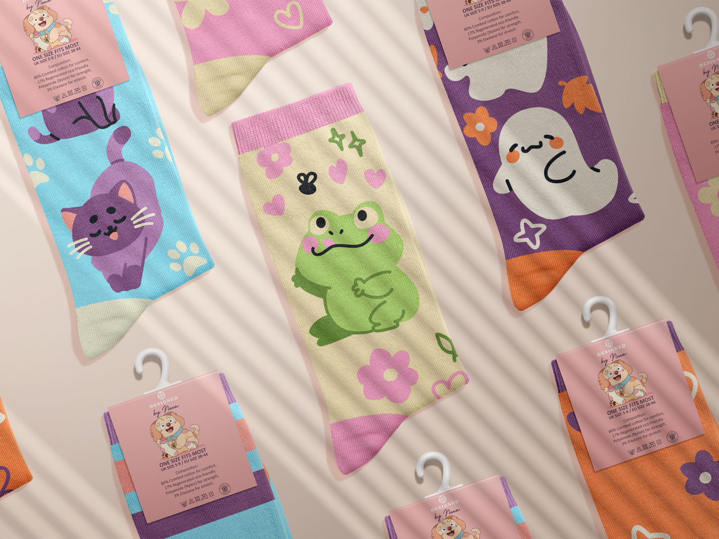 Multiple Cute knitted cotton crew socks with autumn-themed ghost designs, cute cats and kittens, and funny pastel frogs.